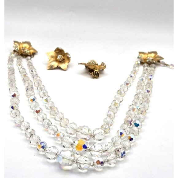 Rare 1940s Graduated Crystal Necklace and Floral Rhinestone Gold Clip Earrings - Picture 8 of 13